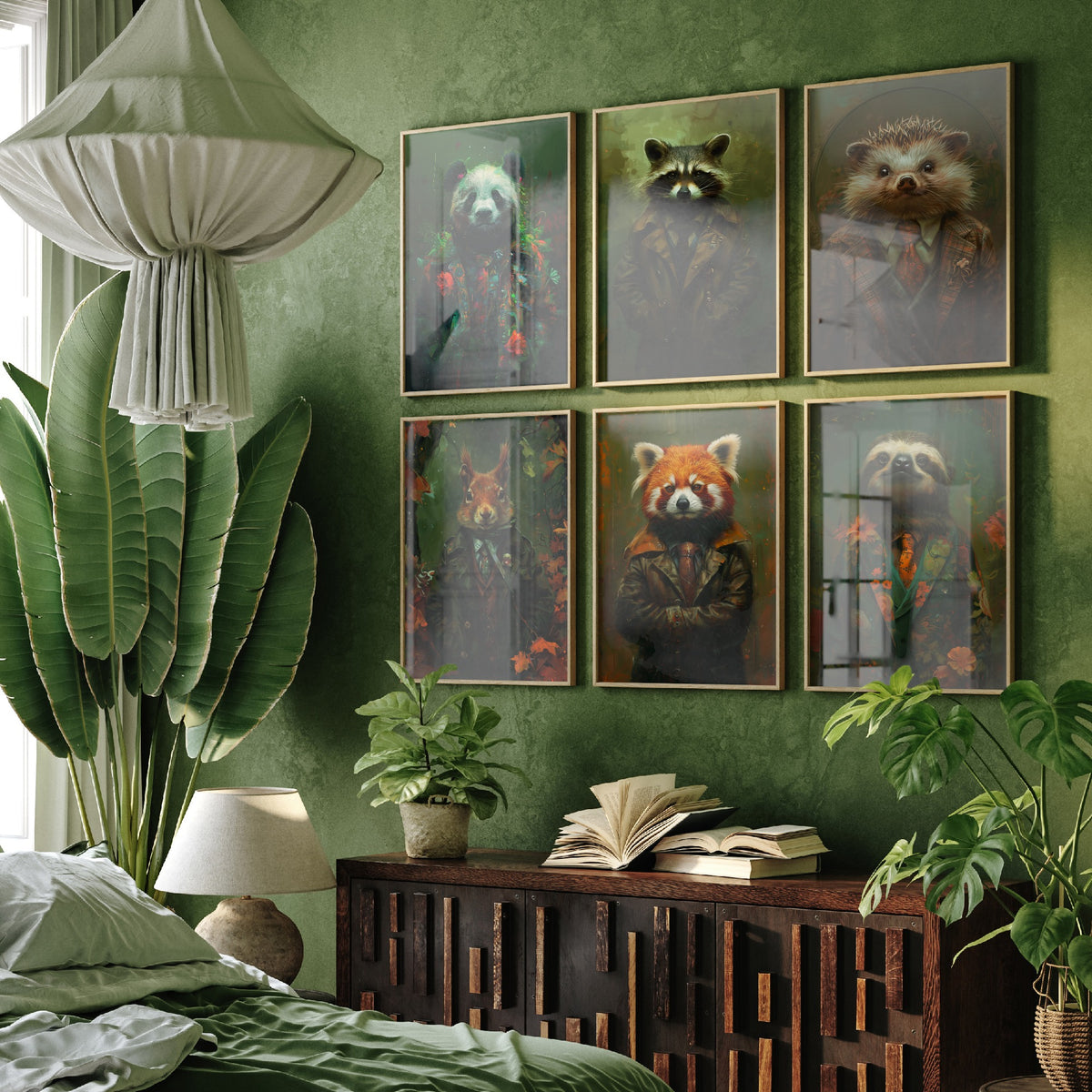 Set of Six Animals in Suits Art Prints - 6 Cute Critter Posters - Panda, Raccoon, Hedgehog, Squirrel, Red Panda, Sloth Painting