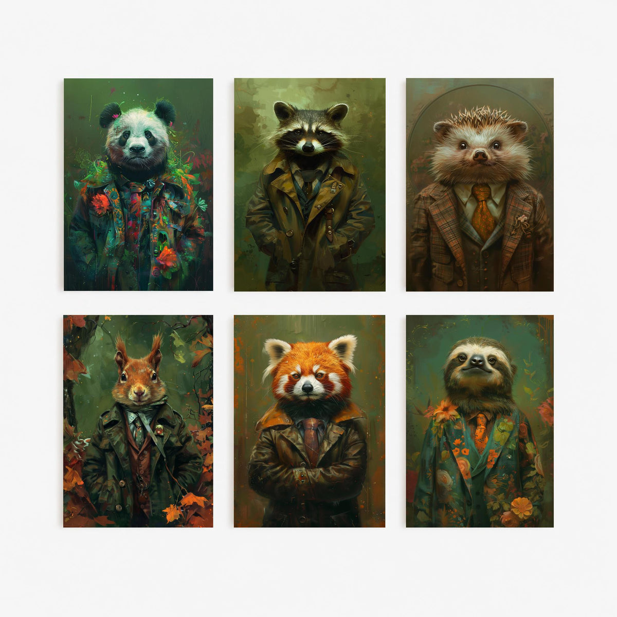 Set of Six Animals in Suits Art Prints - 6 Cute Critter Posters - Panda, Raccoon, Hedgehog, Squirrel, Red Panda, Sloth Painting