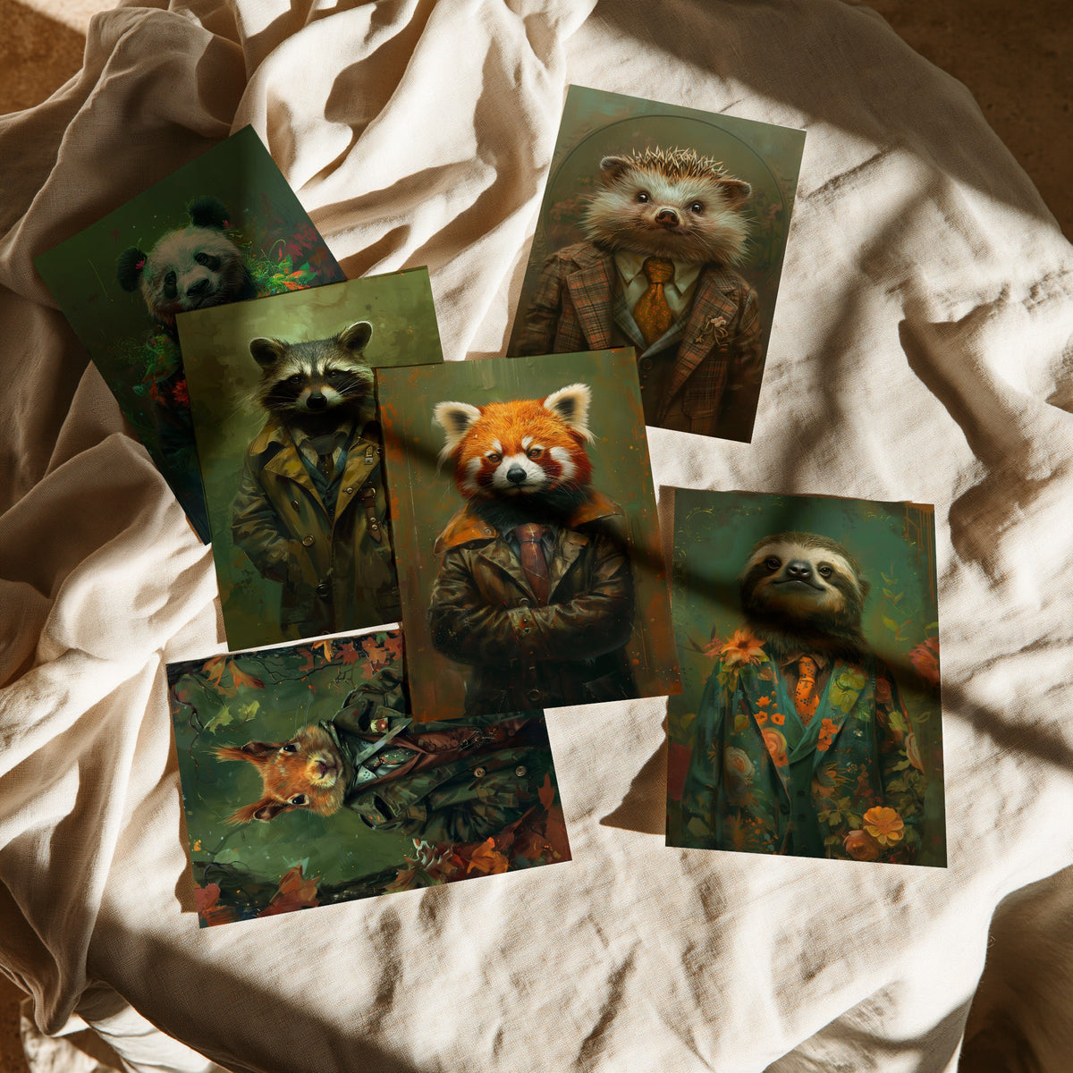 Set of Six Animals in Suits Art Prints - 6 Cute Critter Posters - Panda, Raccoon, Hedgehog, Squirrel, Red Panda, Sloth Painting