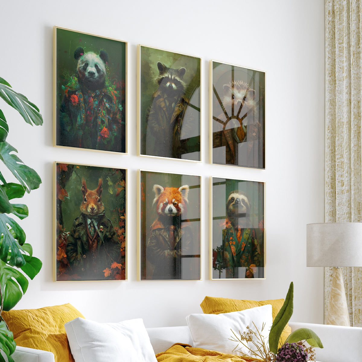 Set of Six Animals in Suits Art Prints - 6 Cute Critter Posters - Panda, Raccoon, Hedgehog, Squirrel, Red Panda, Sloth Painting