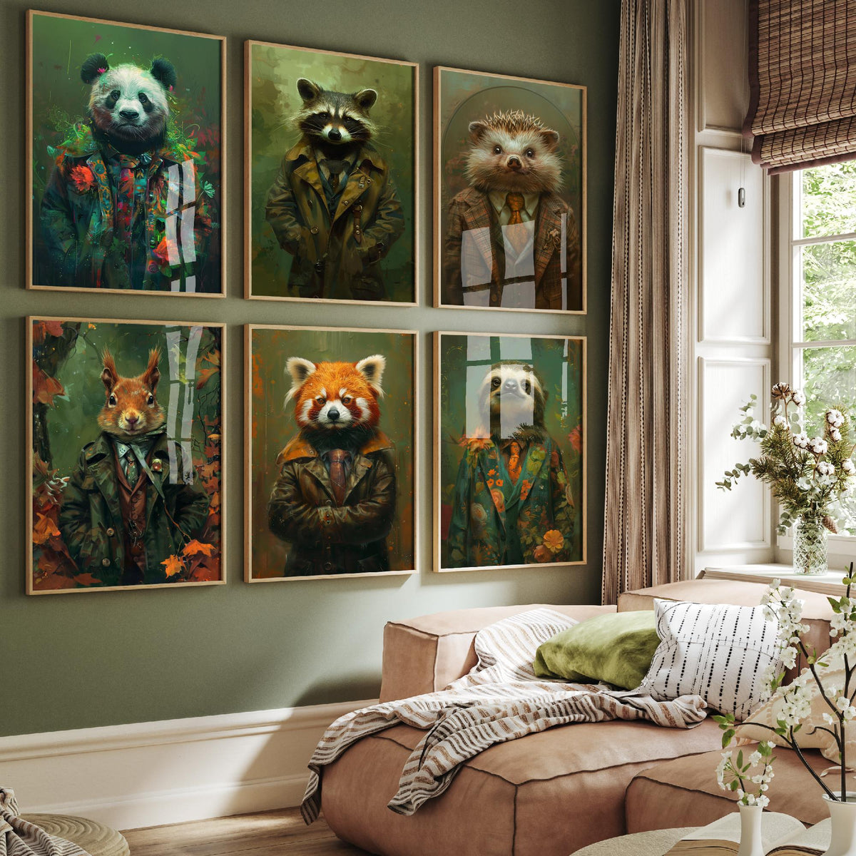 Set of Six Animals in Suits Art Prints - 6 Cute Critter Posters - Panda, Raccoon, Hedgehog, Squirrel, Red Panda, Sloth Painting