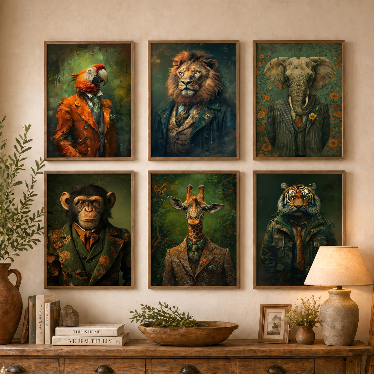 Set of Six Animals in Suits Art Prints - 6 Jungle Safari Posters - Parrot, Lion, Elephant, Chimpanzee, Giraffe, Tiger Portrait Painting