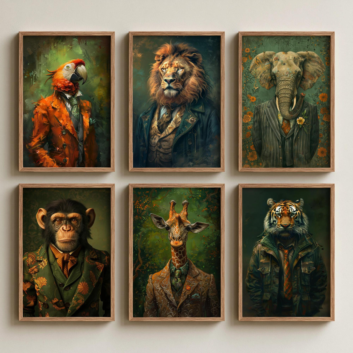 Set of Six Animals in Suits Art Prints - 6 Jungle Safari Posters - Parrot, Lion, Elephant, Chimpanzee, Giraffe, Tiger Portrait Painting