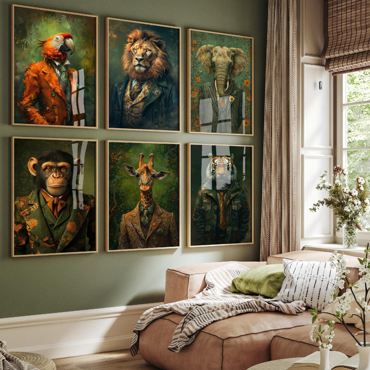 Set of Six Animals in Suits Art Prints - 6 Jungle Safari Posters - Parrot, Lion, Elephant, Chimpanzee, Giraffe, Tiger Portrait Painting