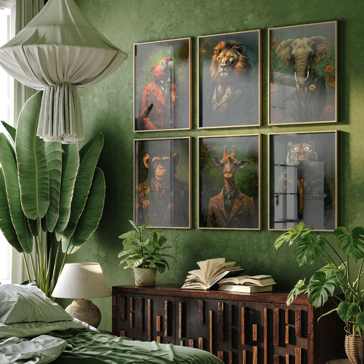 Set of Six Animals in Suits Art Prints - 6 Jungle Safari Posters - Parrot, Lion, Elephant, Chimpanzee, Giraffe, Tiger Portrait Painting