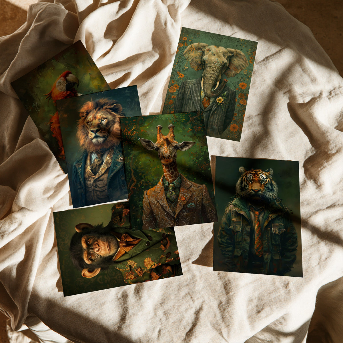 Set of Six Animals in Suits Art Prints - 6 Jungle Safari Posters - Parrot, Lion, Elephant, Chimpanzee, Giraffe, Tiger Portrait Painting