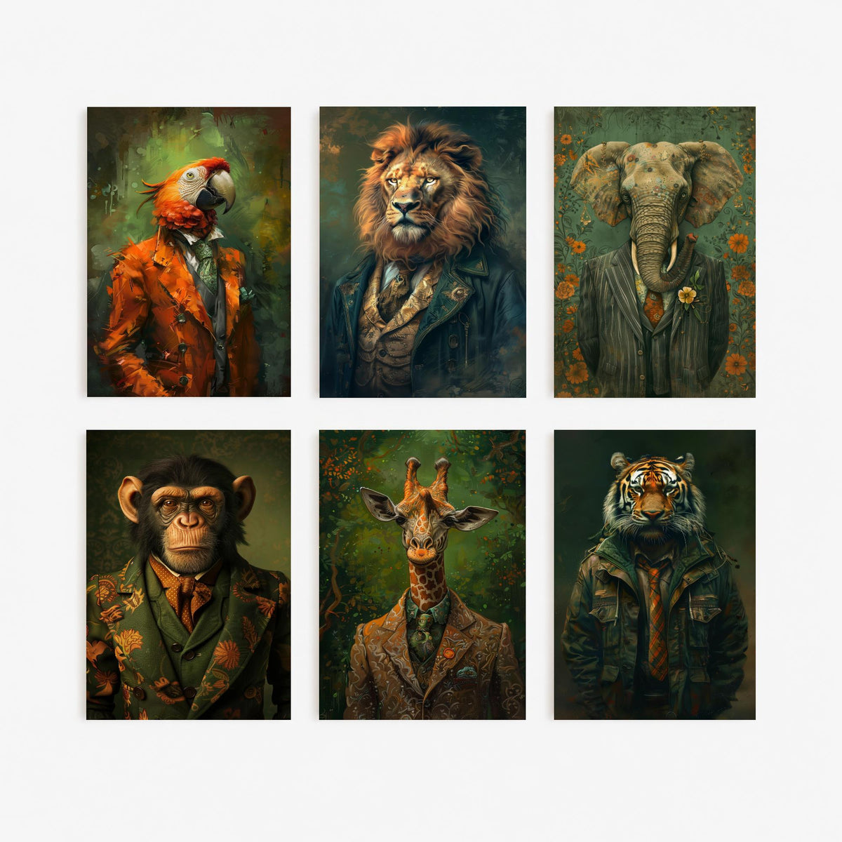 Set of Six Animals in Suits Art Prints - 6 Jungle Safari Posters - Parrot, Lion, Elephant, Chimpanzee, Giraffe, Tiger Portrait Painting