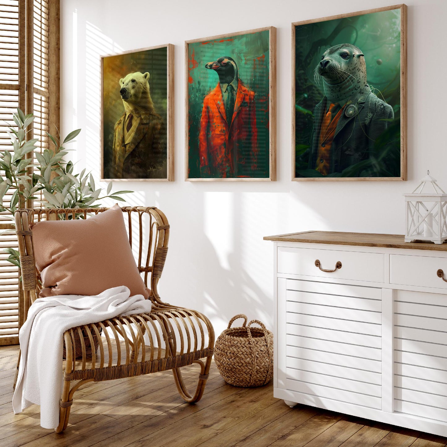 Animals in Suits Set of Three Art Prints - Polar Bear, Penguin, Seal Portrait Posters - Arctic Animal Painting Decor