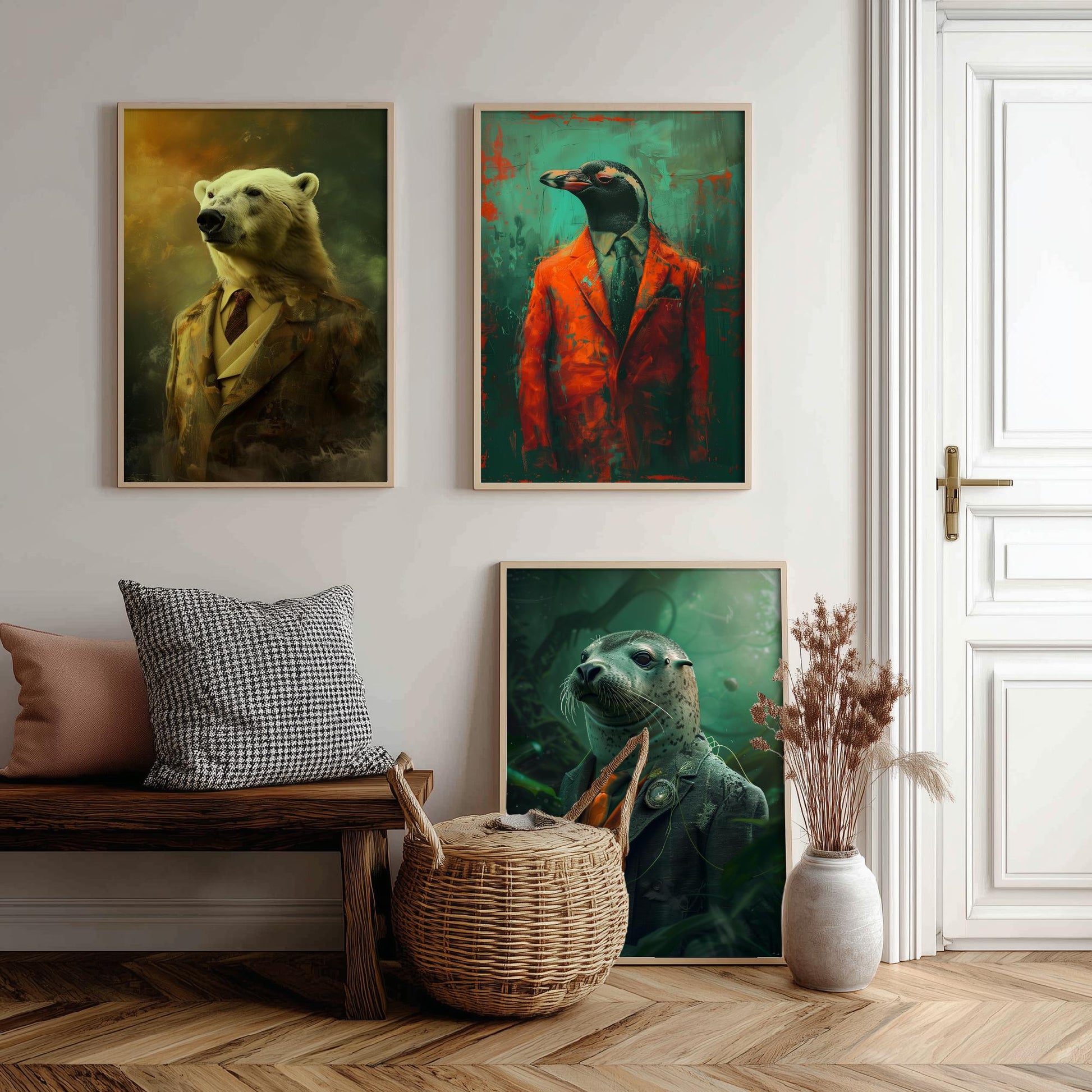 Animals in Suits Set of Three Art Prints - Polar Bear, Penguin, Seal Portrait Posters - Arctic Animal Painting Decor