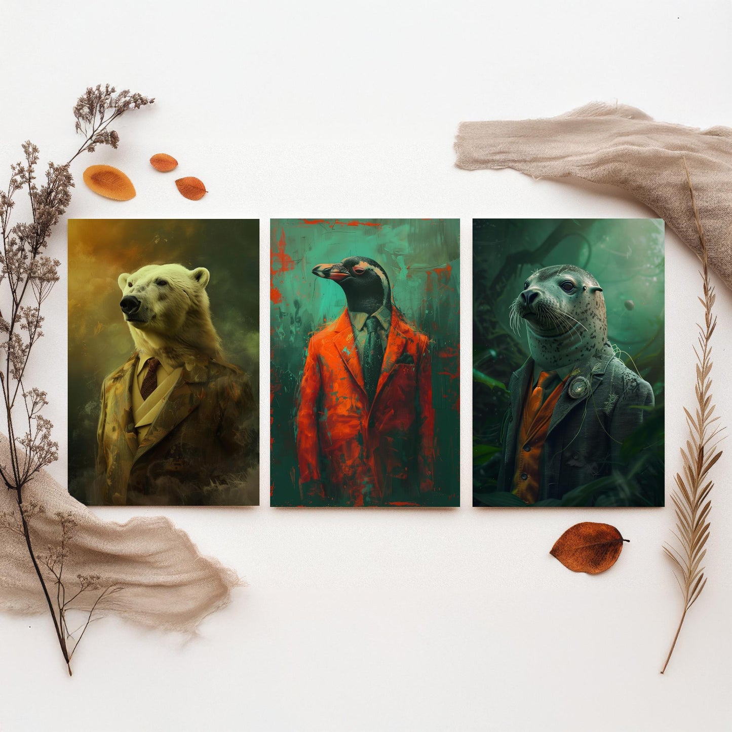 Animals in Suits Set of Three Art Prints - Polar Bear, Penguin, Seal Portrait Posters - Arctic Animal Painting Decor