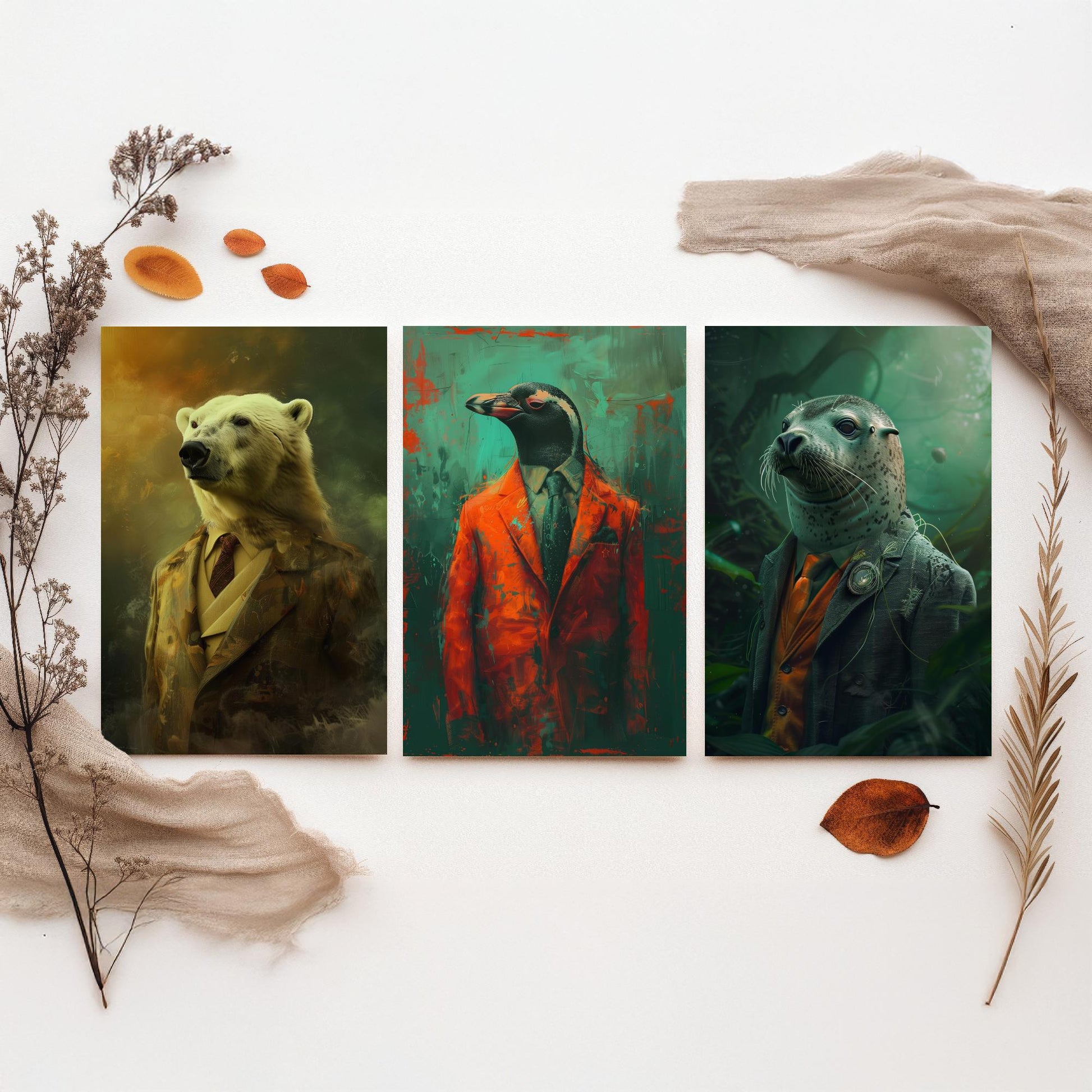 Animals in Suits Set of Three Art Prints - Polar Bear, Penguin, Seal Portrait Posters - Arctic Animal Painting Decor