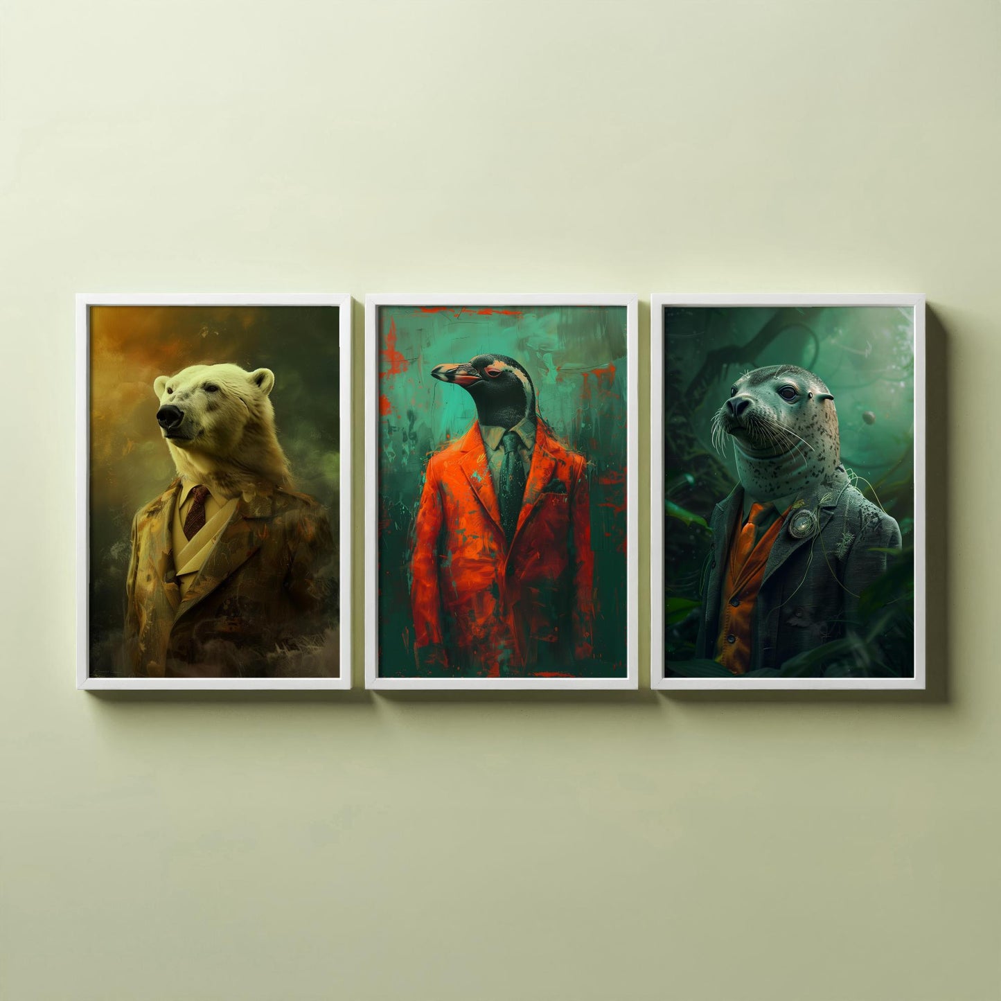 Animals in Suits Set of Three Art Prints - Polar Bear, Penguin, Seal Portrait Posters - Arctic Animal Painting Decor