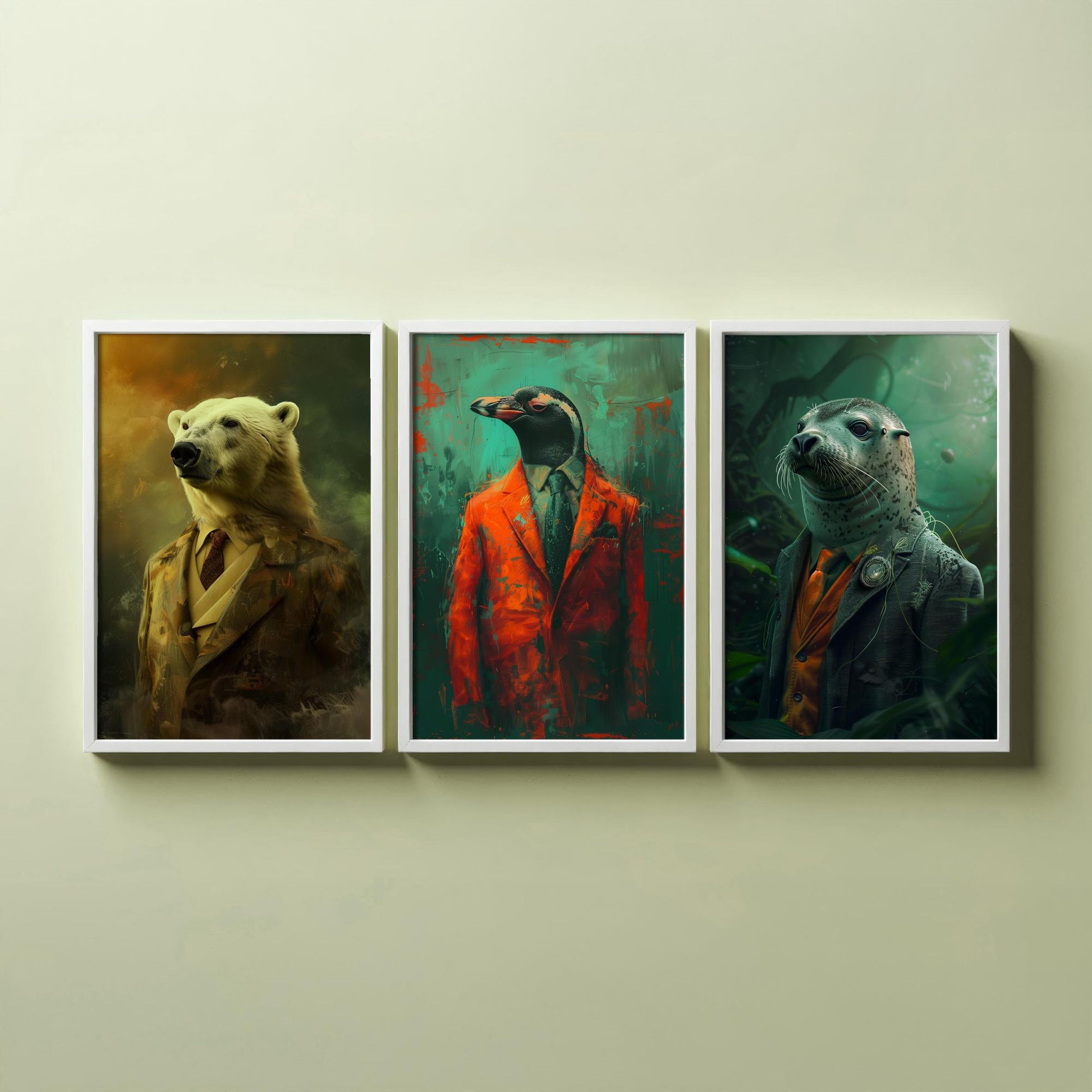 Animals in Suits Set of Three Art Prints - Polar Bear, Penguin, Seal Portrait Posters - Arctic Animal Painting Decor