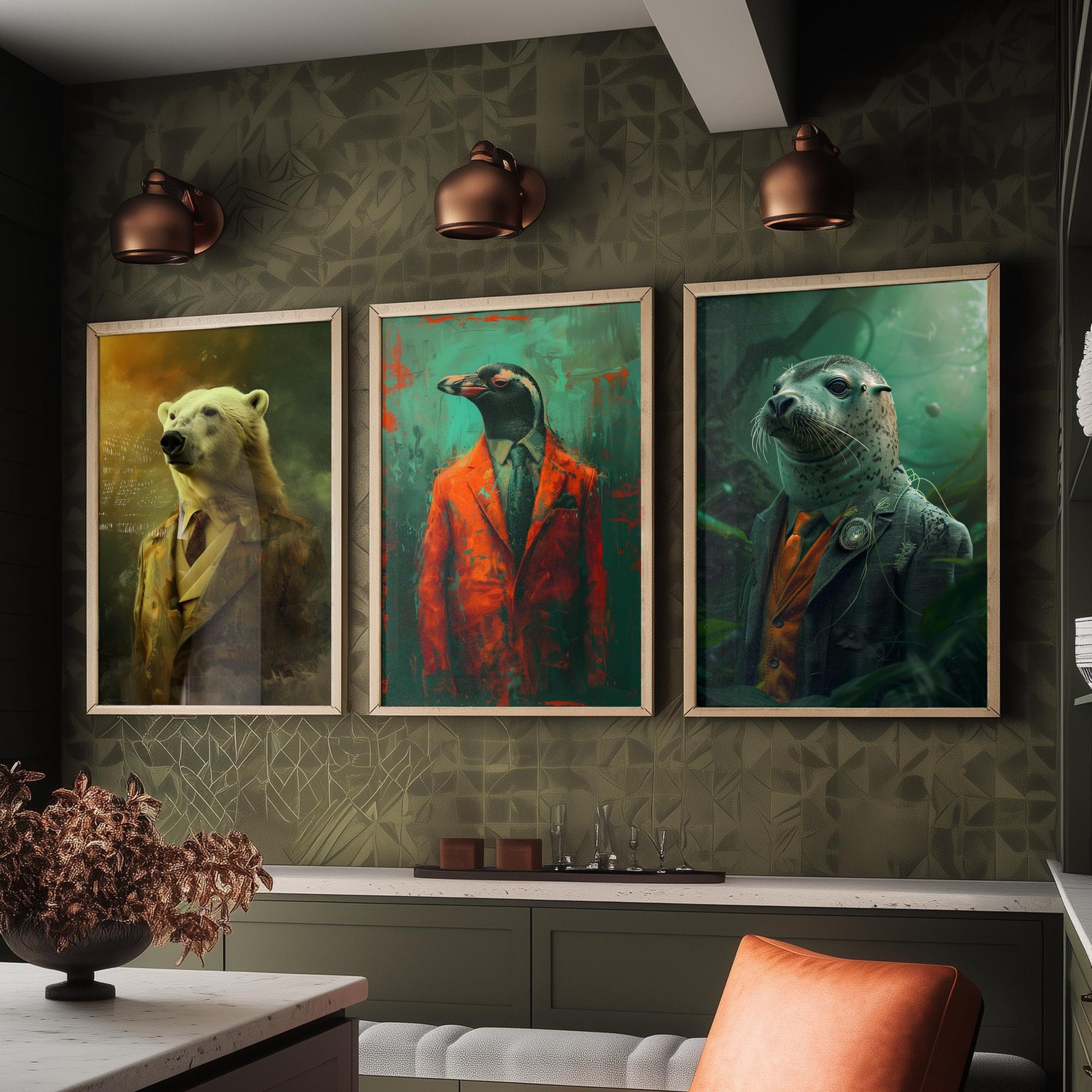 Animals in Suits Set of Three Art Prints - Polar Bear, Penguin, Seal Portrait Posters - Arctic Animal Painting Decor
