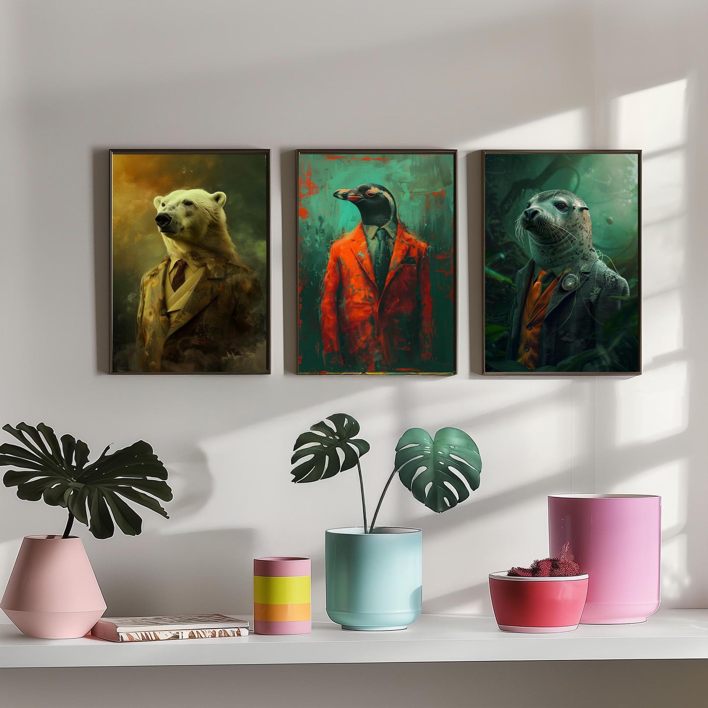 Animals in Suits Set of Three Art Prints - Polar Bear, Penguin, Seal Portrait Posters - Arctic Animal Painting Decor