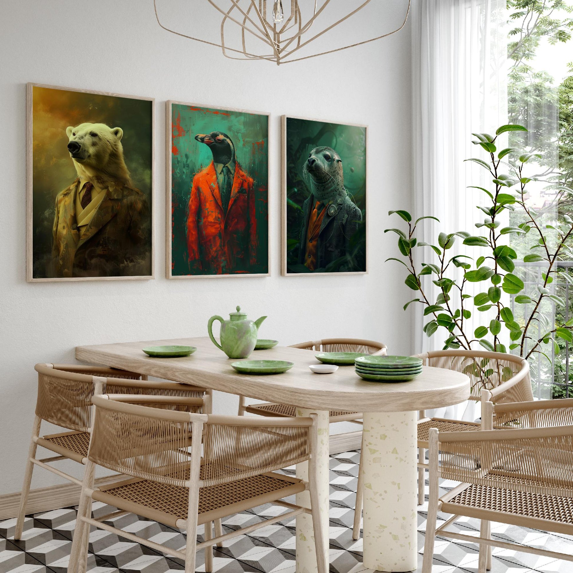 Animals in Suits Set of Three Art Prints - Polar Bear, Penguin, Seal Portrait Posters - Arctic Animal Painting Decor
