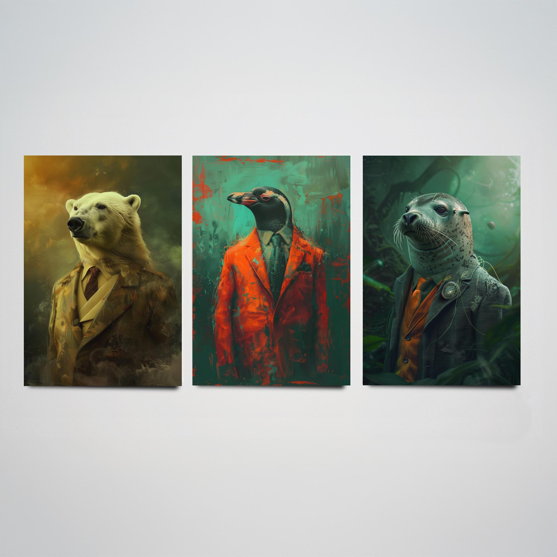 Animals in Suits Set of Three Art Prints - Polar Bear, Penguin, Seal Portrait Posters - Arctic Animal Painting Decor