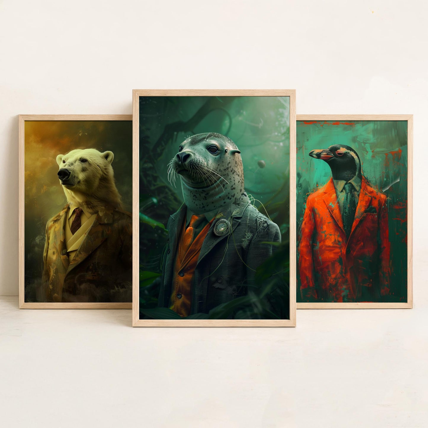 Animals in Suits Set of Three Art Prints - Polar Bear, Penguin, Seal Portrait Posters - Arctic Animal Painting Decor