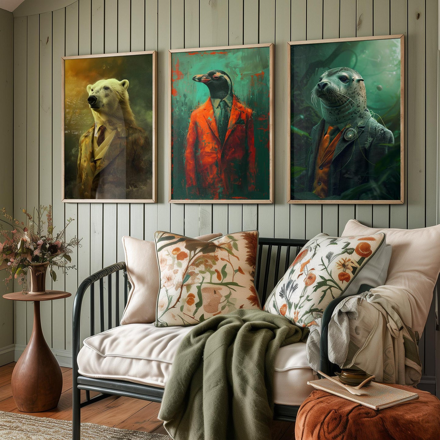 Animals in Suits Set of Three Art Prints - Polar Bear, Penguin, Seal Portrait Posters - Arctic Animal Painting Decor