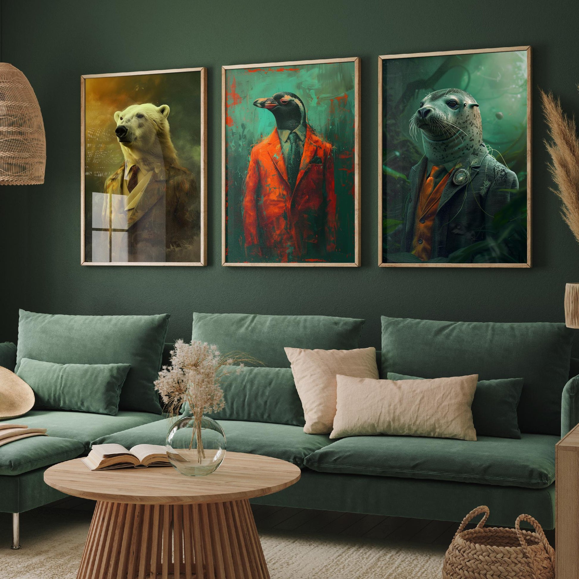 Animals in Suits Set of Three Art Prints - Polar Bear, Penguin, Seal Portrait Posters - Arctic Animal Painting Decor