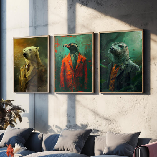 Animals in Suits Set of Three Art Prints - Polar Bear, Penguin, Seal Portrait Posters - Arctic Animal Painting Decor