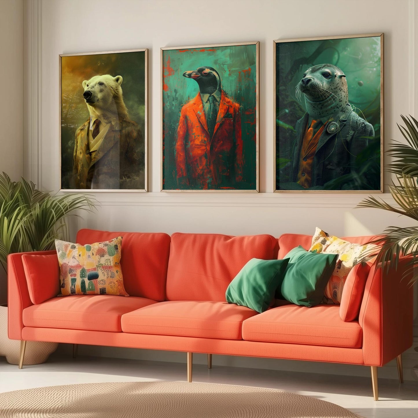 Animals in Suits Set of Three Art Prints - Polar Bear, Penguin, Seal Portrait Posters - Arctic Animal Painting Decor