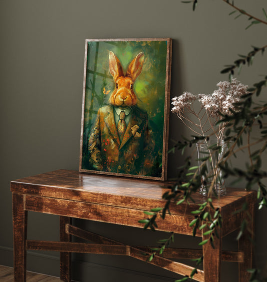 Rabbit in a Suit Art Print - Whimsical Animal Portrait Poster - Quirky Rabbit Painting - Dapper Gent 1/3