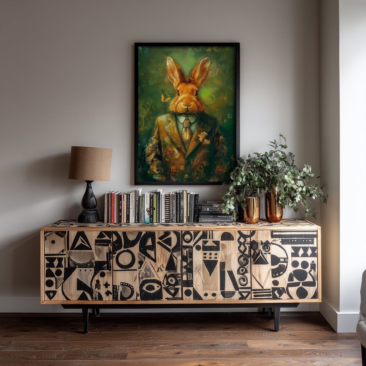 Rabbit in a Suit Art Print - Whimsical Animal Portrait Poster - Quirky Rabbit Painting - Dapper Gent 1/3
