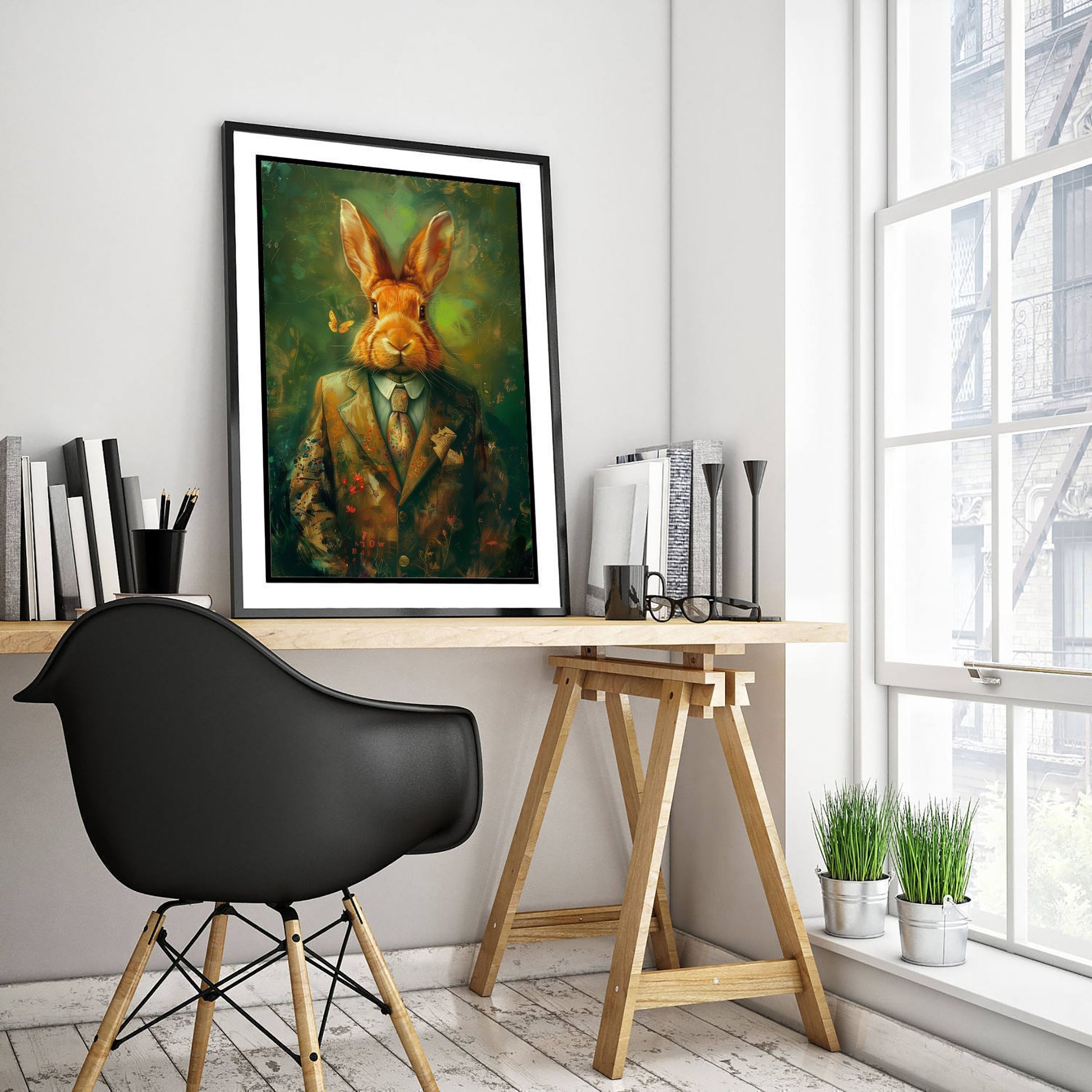 Rabbit in a Suit Art Print - Whimsical Animal Portrait Poster - Quirky Rabbit Painting - Dapper Gent 1/3