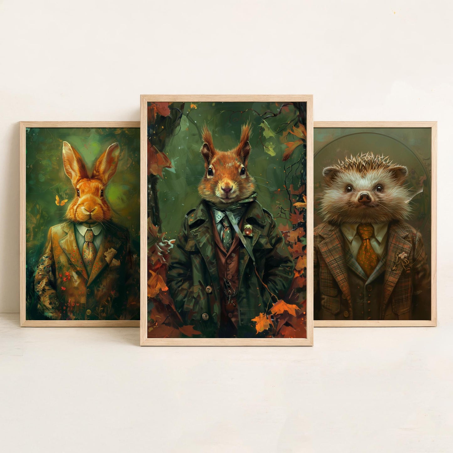 Animals in Suits Set of Three Art Prints - Rabbit, Hedgehog, Squirrel Portrait Posters - Woodland Animal Painting Gift