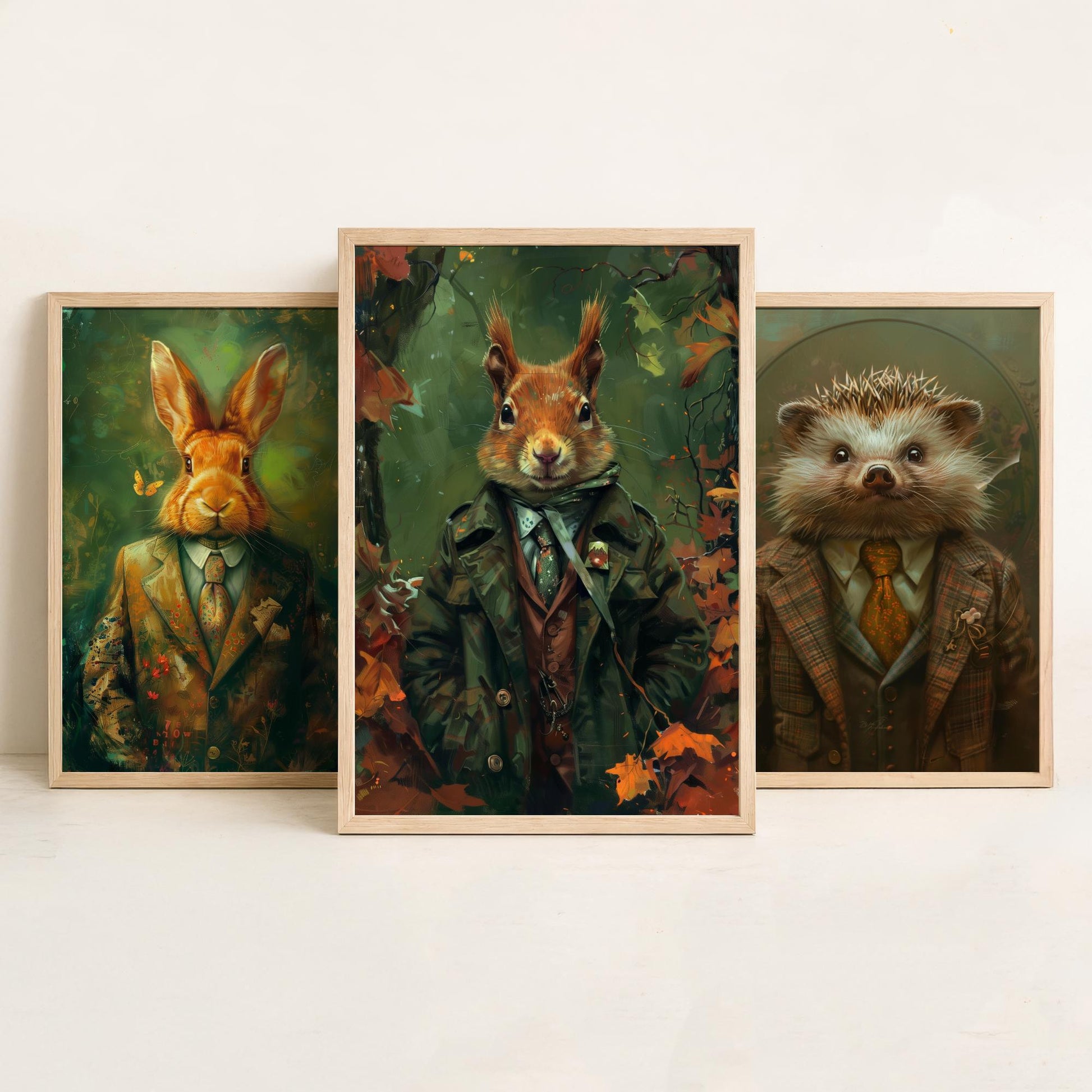 Animals in Suits Set of Three Art Prints - Rabbit, Hedgehog, Squirrel Portrait Posters - Woodland Animal Painting Gift