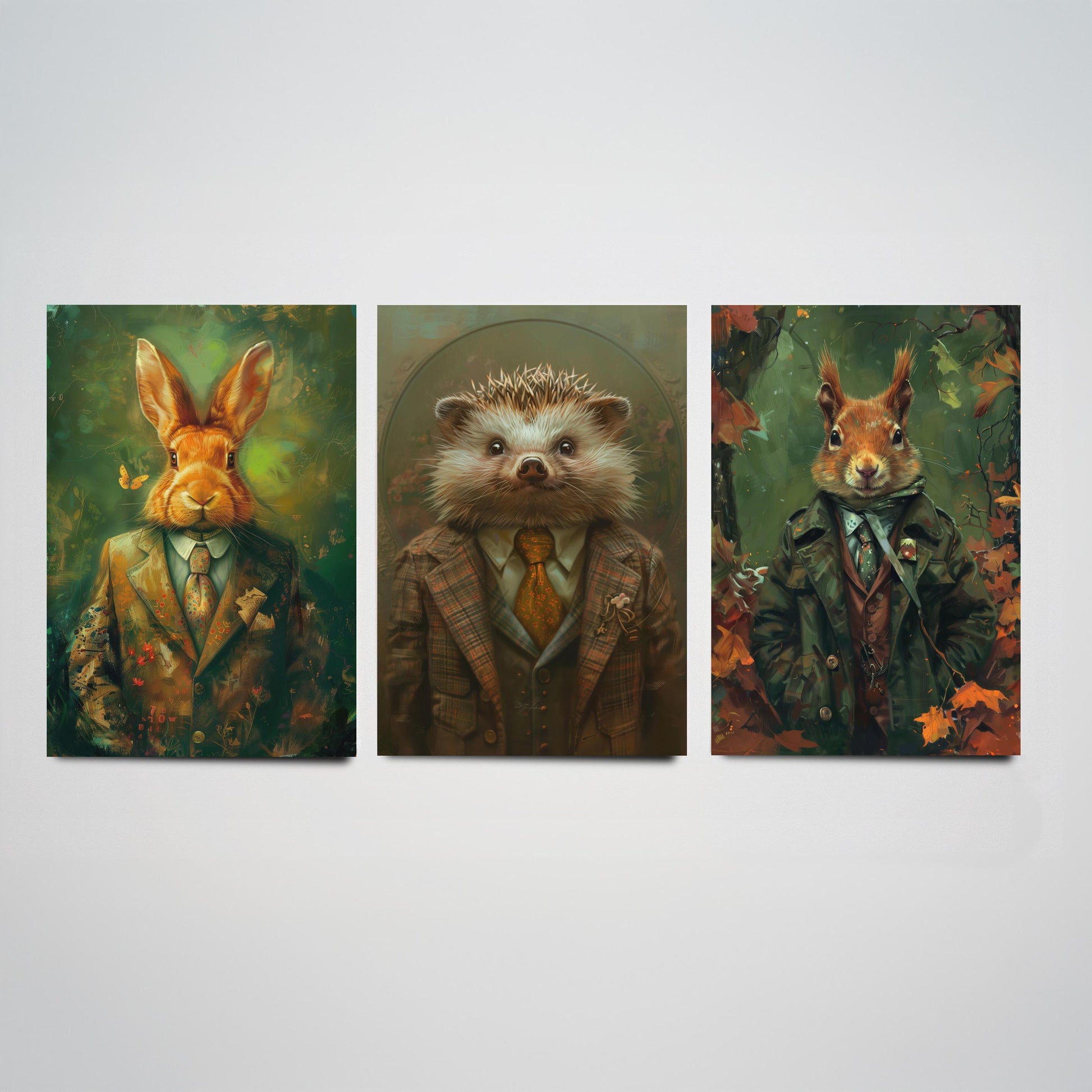 Animals in Suits Set of Three Art Prints - Rabbit, Hedgehog, Squirrel Portrait Posters - Woodland Animal Painting Gift