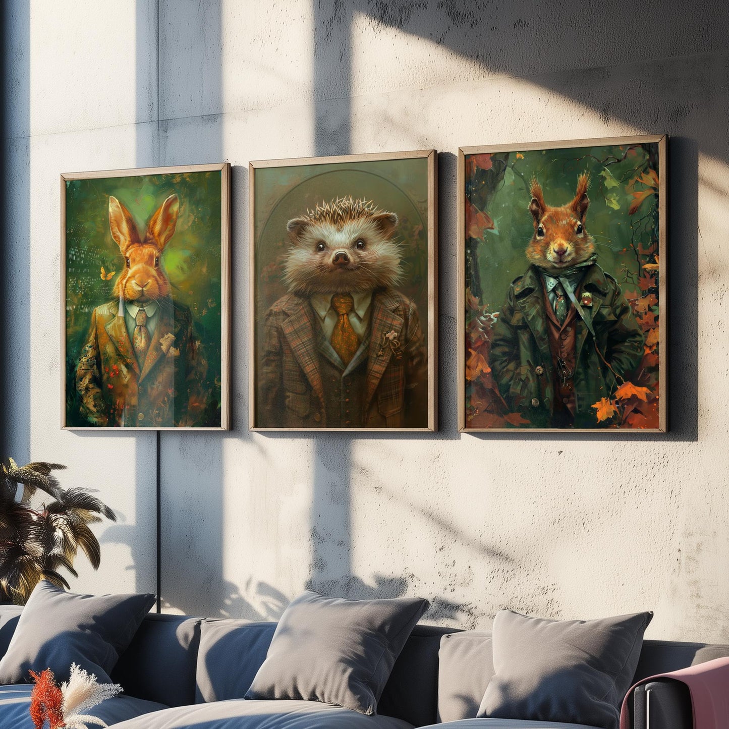 Animals in Suits Set of Three Art Prints - Rabbit, Hedgehog, Squirrel Portrait Posters - Woodland Animal Painting Gift