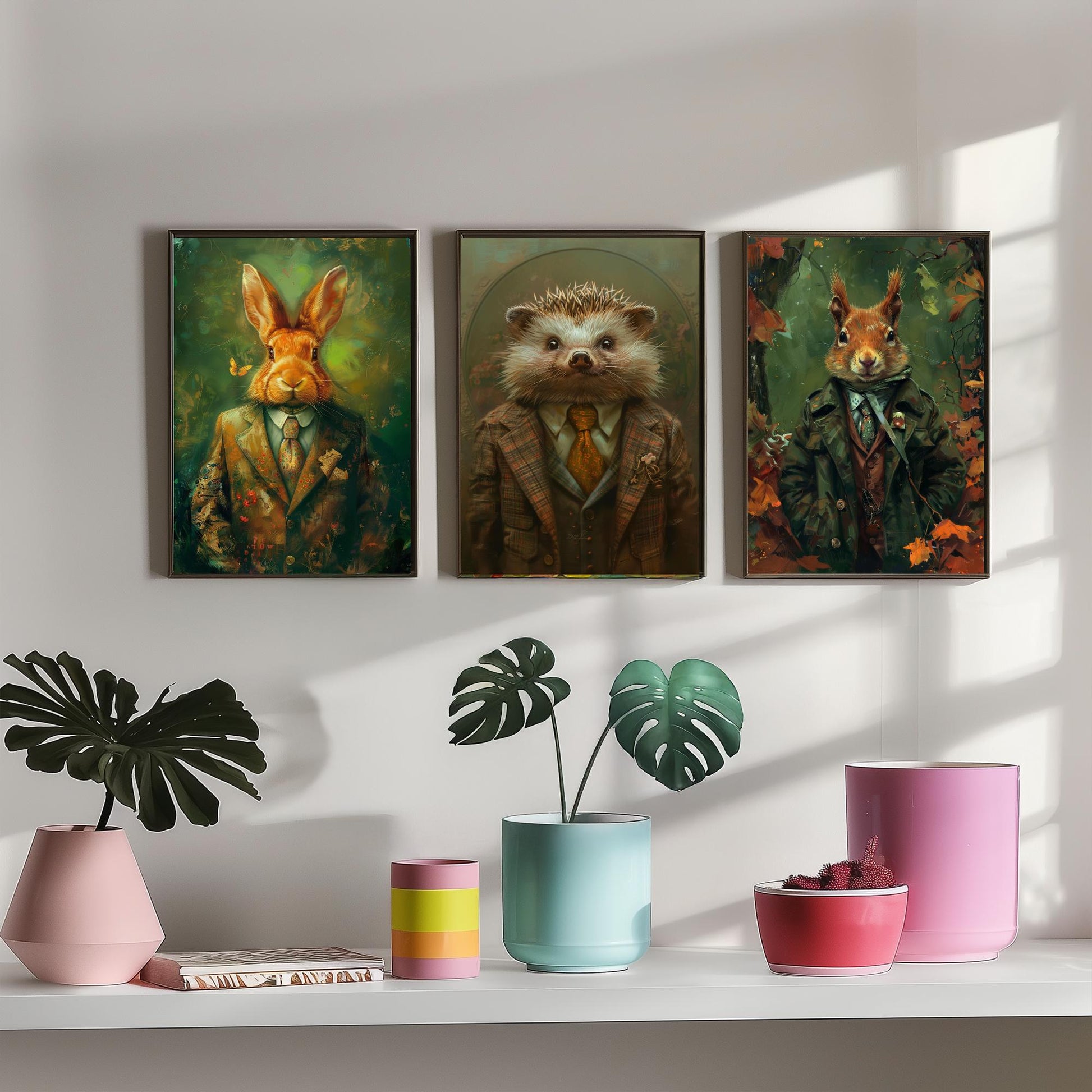 Animals in Suits Set of Three Art Prints - Rabbit, Hedgehog, Squirrel Portrait Posters - Woodland Animal Painting Gift