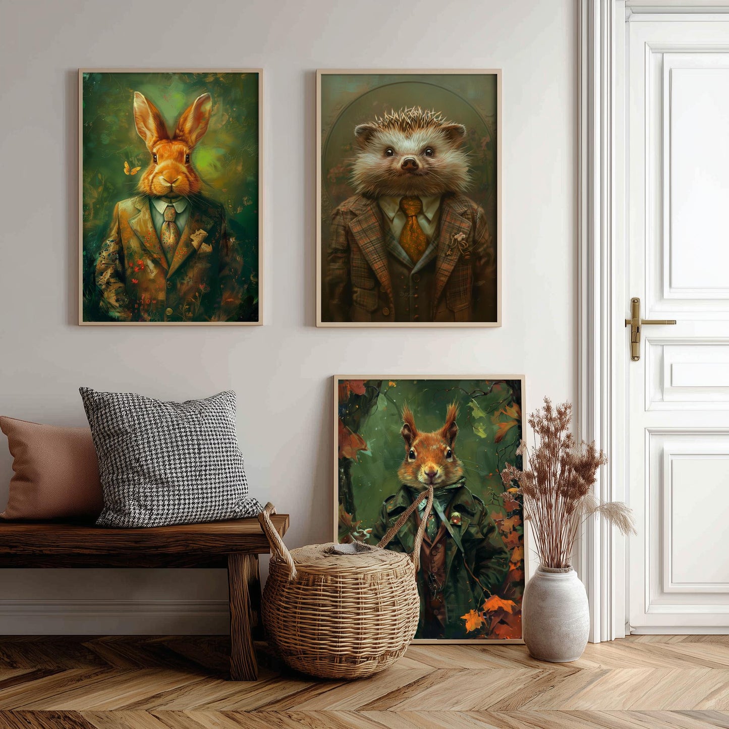 Animals in Suits Set of Three Art Prints - Rabbit, Hedgehog, Squirrel Portrait Posters - Woodland Animal Painting Gift