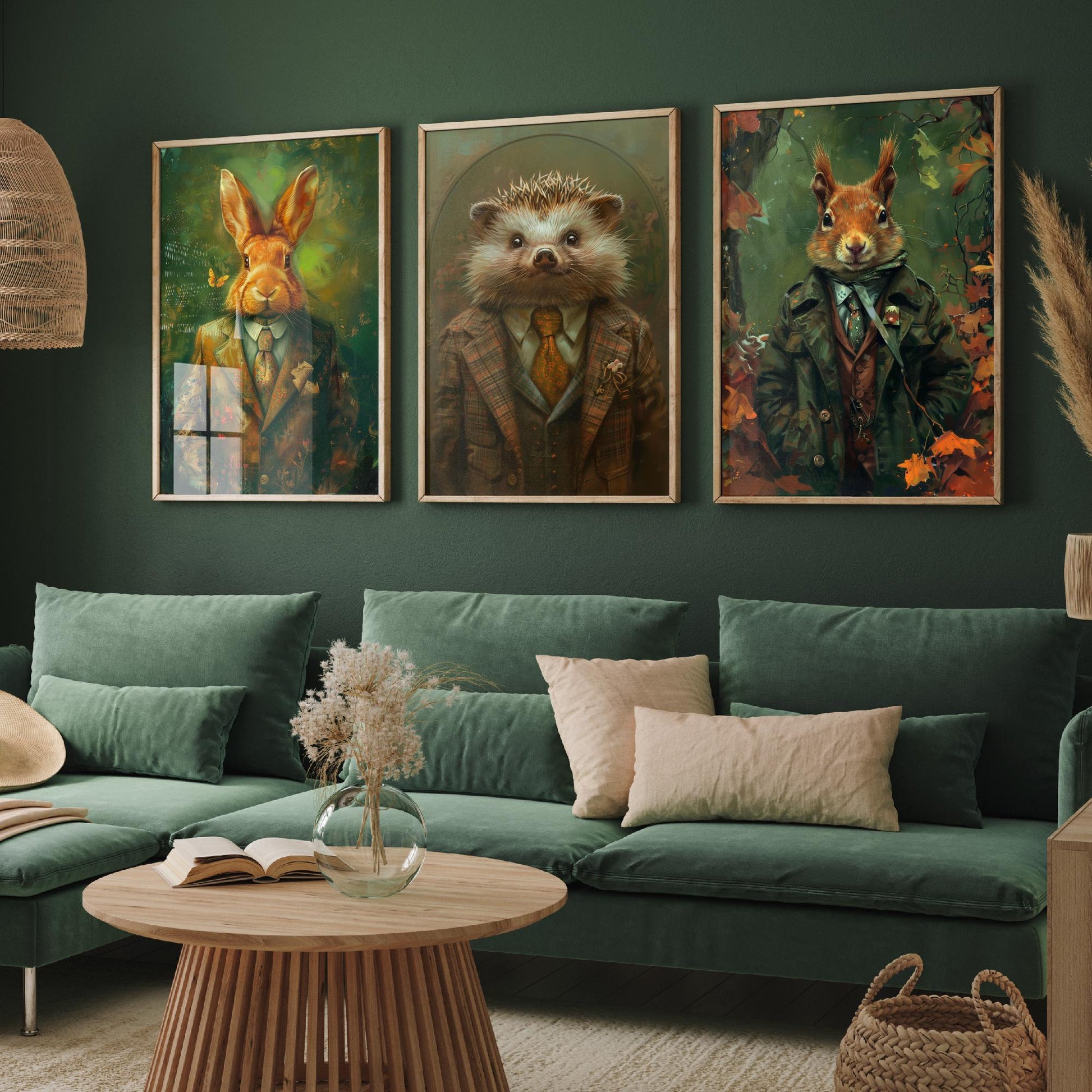 Animals in Suits Set of Three Art Prints - Rabbit, Hedgehog, Squirrel Portrait Posters - Woodland Animal Painting Gift