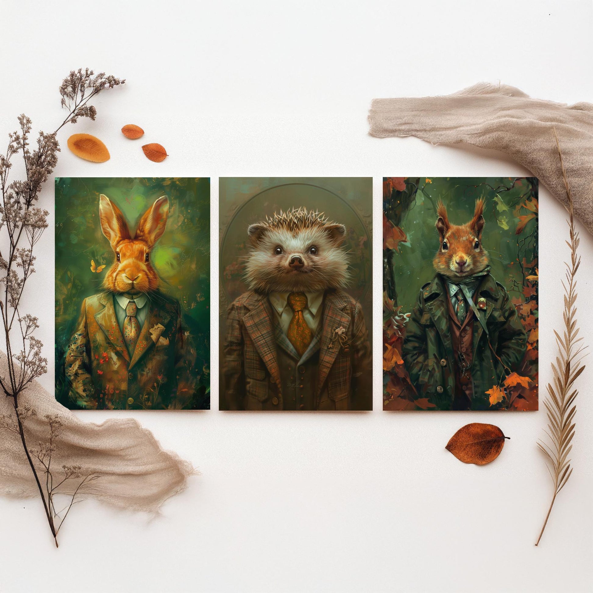 Animals in Suits Set of Three Art Prints - Rabbit, Hedgehog, Squirrel Portrait Posters - Woodland Animal Painting Gift