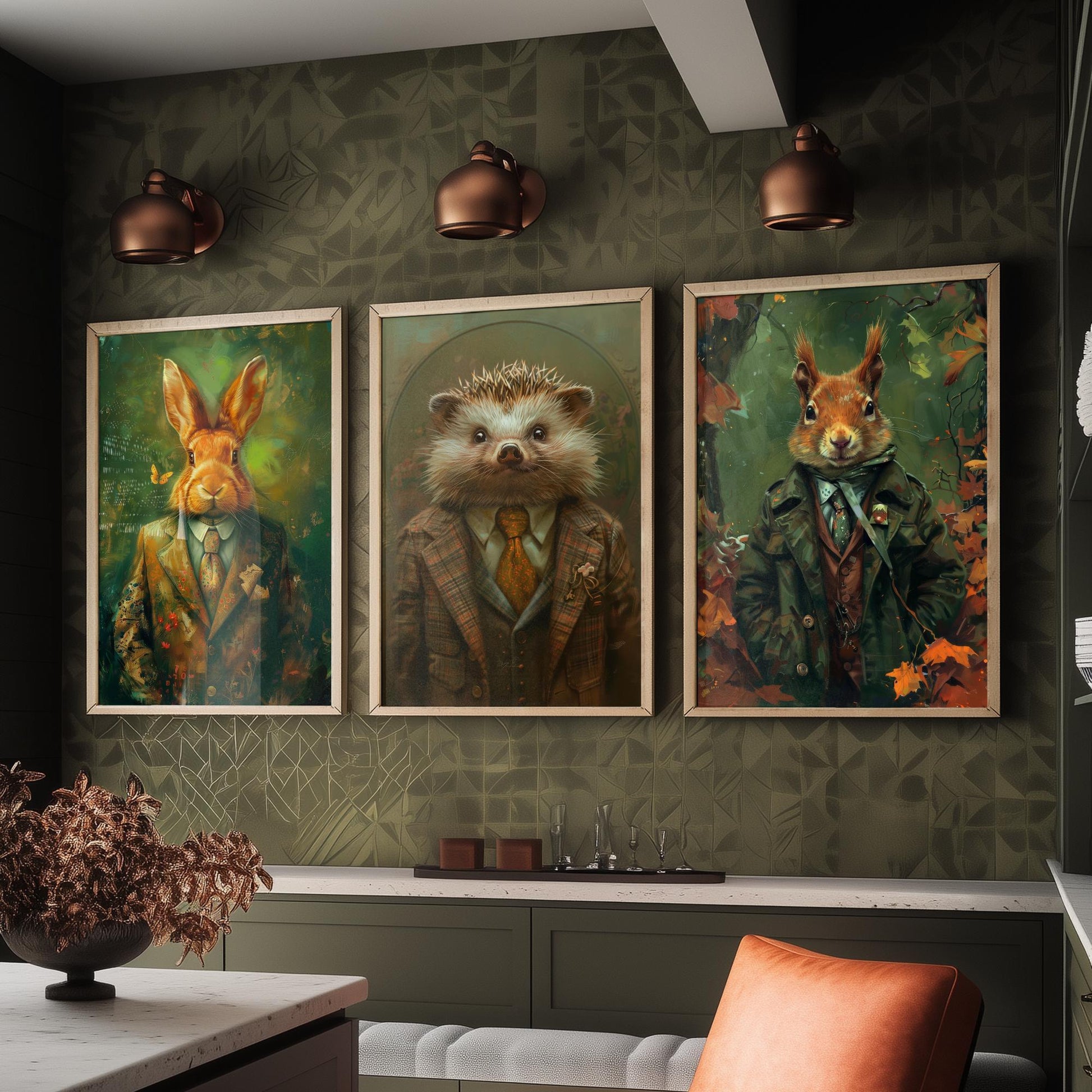 Animals in Suits Set of Three Art Prints - Rabbit, Hedgehog, Squirrel Portrait Posters - Woodland Animal Painting Gift