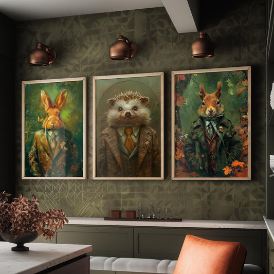 Animals in Suits Set of Three Art Prints - Rabbit, Hedgehog, Squirrel Portrait Posters - Woodland Animal Painting Gift