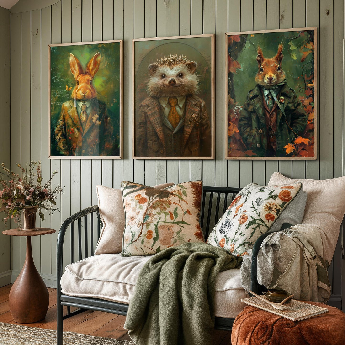 Animals in Suits Set of Three Art Prints - Rabbit, Hedgehog, Squirrel Portrait Posters - Woodland Animal Painting Gift
