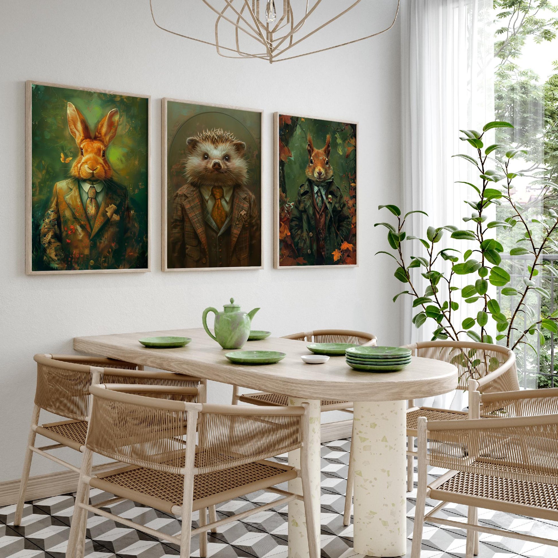 Animals in Suits Set of Three Art Prints - Rabbit, Hedgehog, Squirrel Portrait Posters - Woodland Animal Painting Gift
