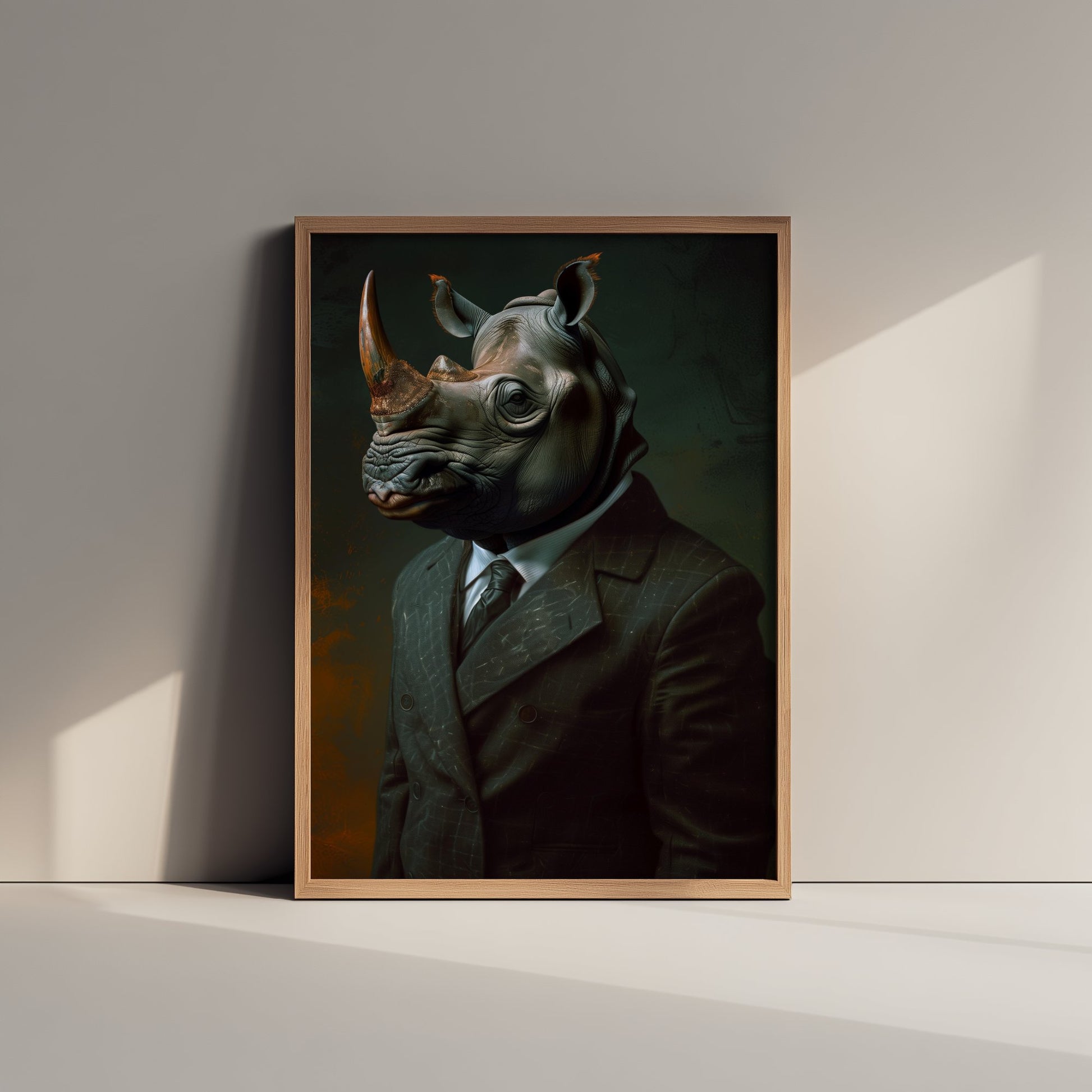 Rhino in a Suit Art Print - Whimsical Animal Portrait Poster - Quirky Animal Painting - Dapper Safari Animal V1 1/3