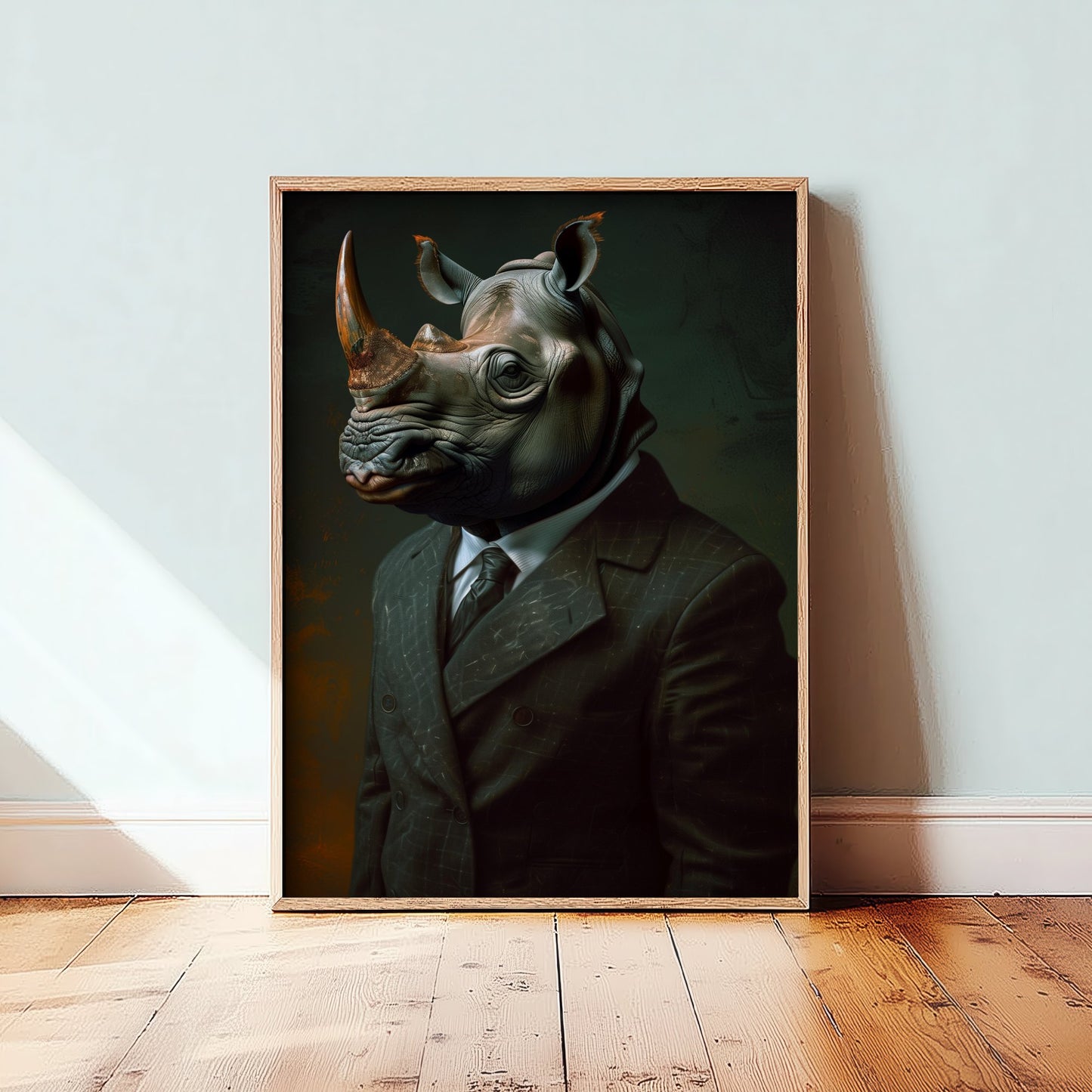 Rhino in a Suit Art Print - Whimsical Animal Portrait Poster - Quirky Animal Painting - Dapper Safari Animal V1 1/3