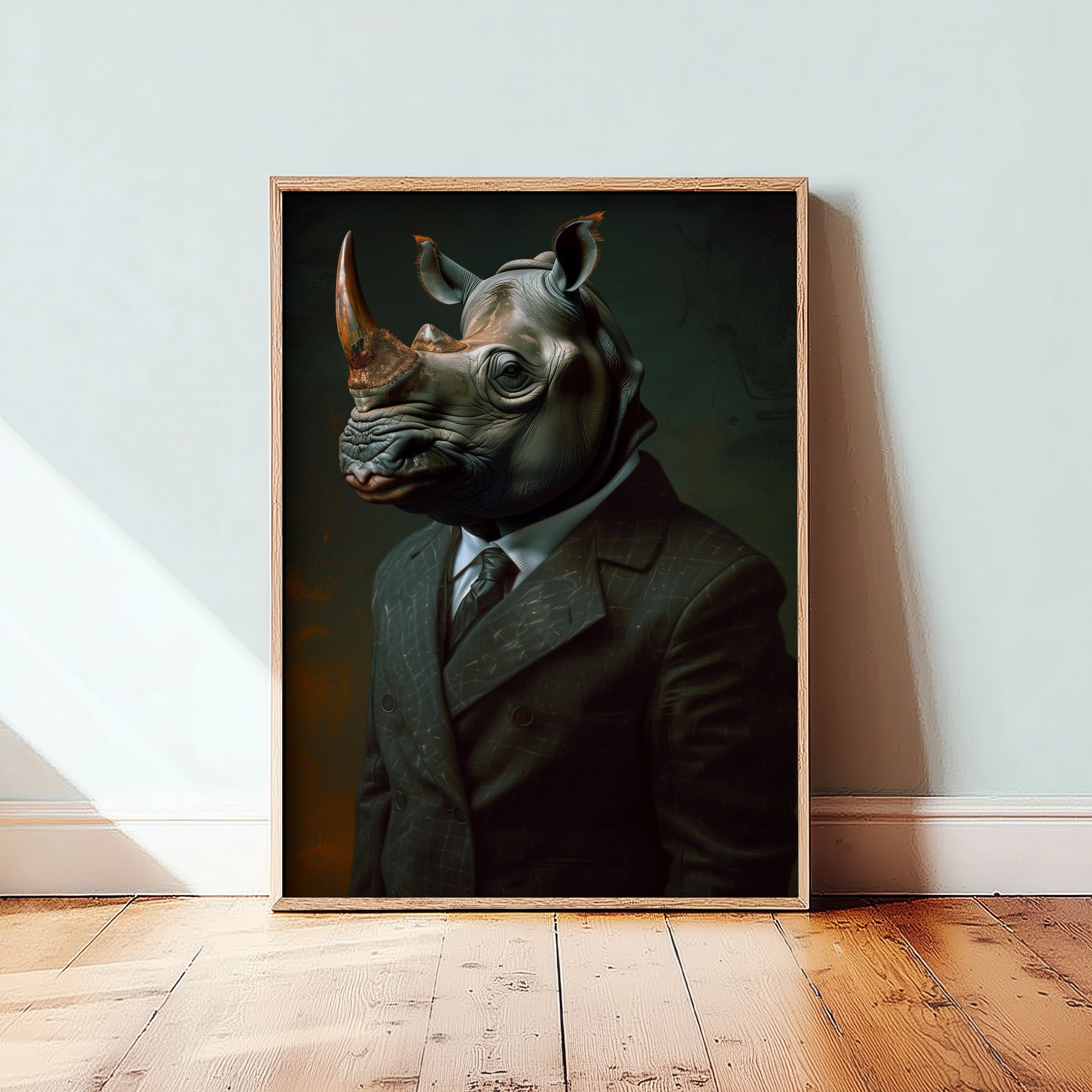 Rhino in a Suit Art Print - Whimsical Animal Portrait Poster - Quirky Animal Painting - Dapper Safari Animal V1 1/3