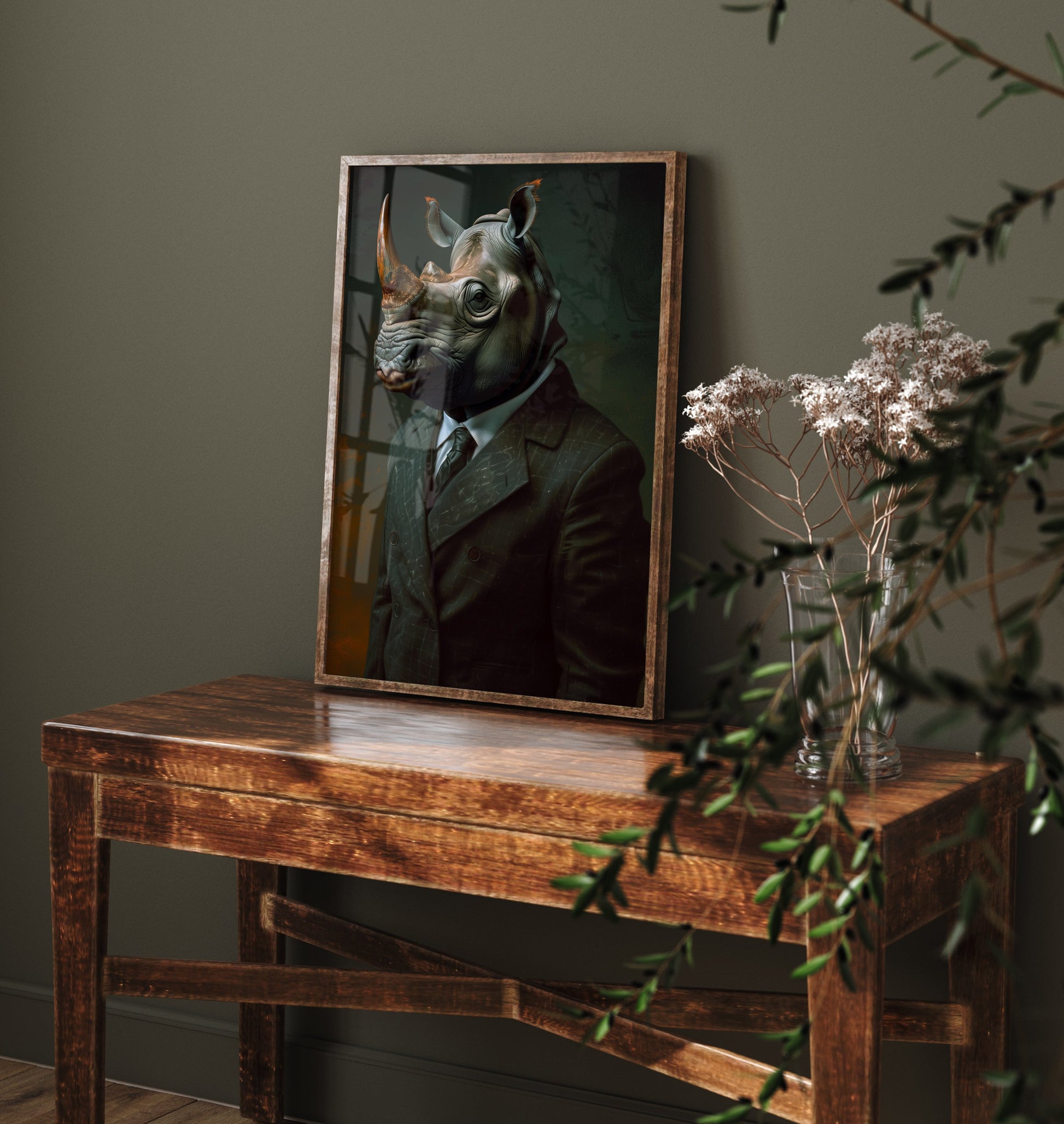 Rhino in a Suit Art Print - Whimsical Animal Portrait Poster - Quirky Animal Painting - Dapper Safari Animal V1 1/3