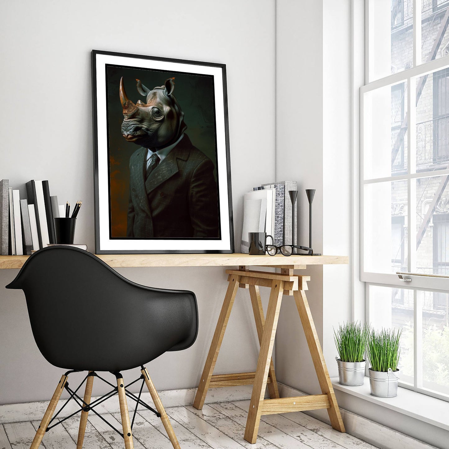Rhino in a Suit Art Print - Whimsical Animal Portrait Poster - Quirky Animal Painting - Dapper Safari Animal V1 1/3