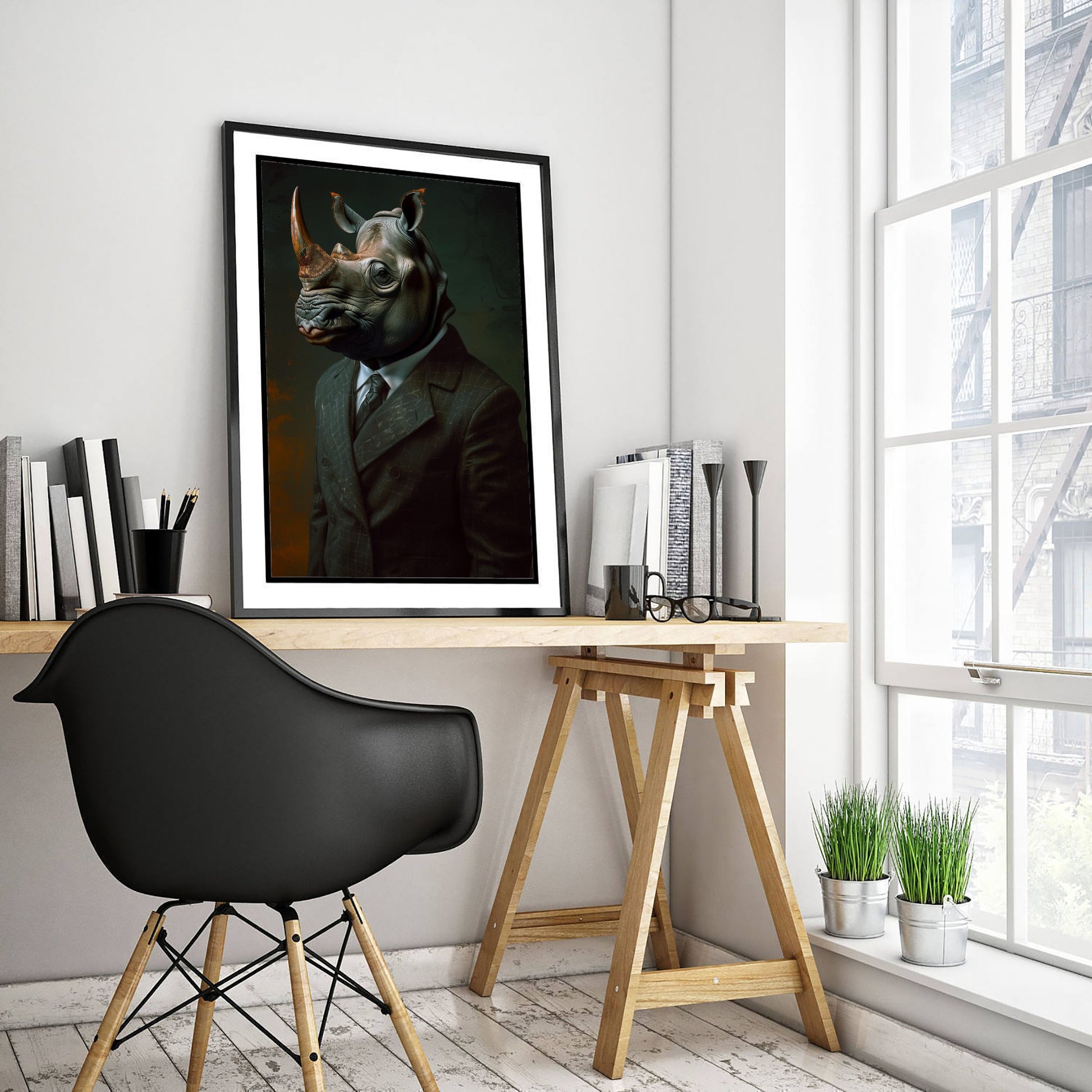 Rhino in a Suit Art Print - Whimsical Animal Portrait Poster - Quirky Animal Painting - Dapper Safari Animal V1 1/3
