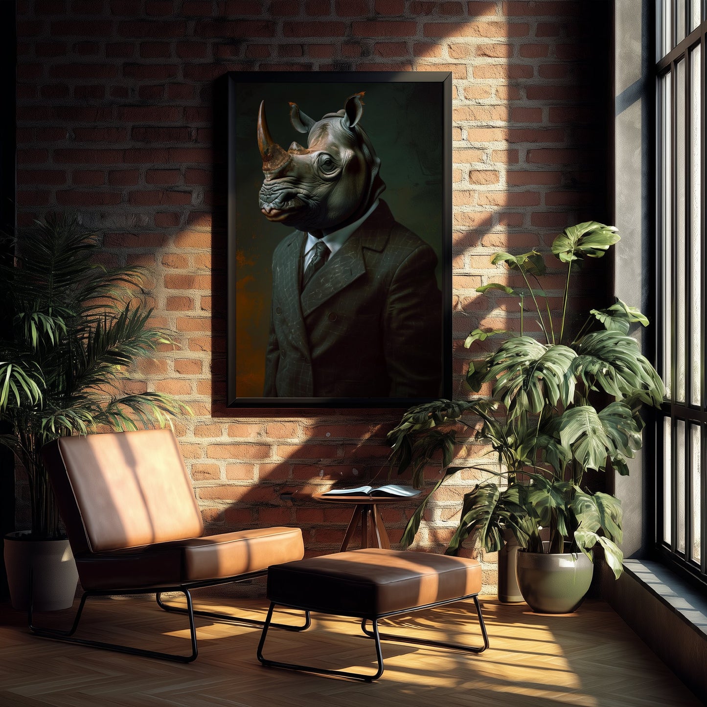 Rhino in a Suit Art Print - Whimsical Animal Portrait Poster - Quirky Animal Painting - Dapper Safari Animal V1 1/3
