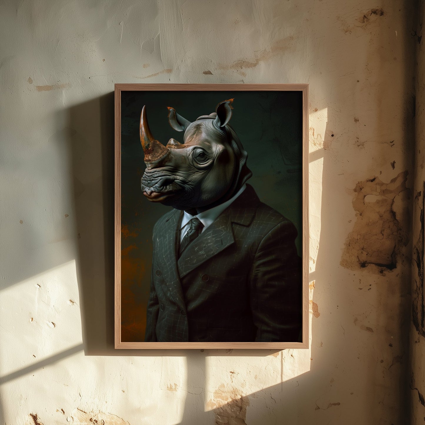 Rhino in a Suit Art Print - Whimsical Animal Portrait Poster - Quirky Animal Painting - Dapper Safari Animal V1 1/3