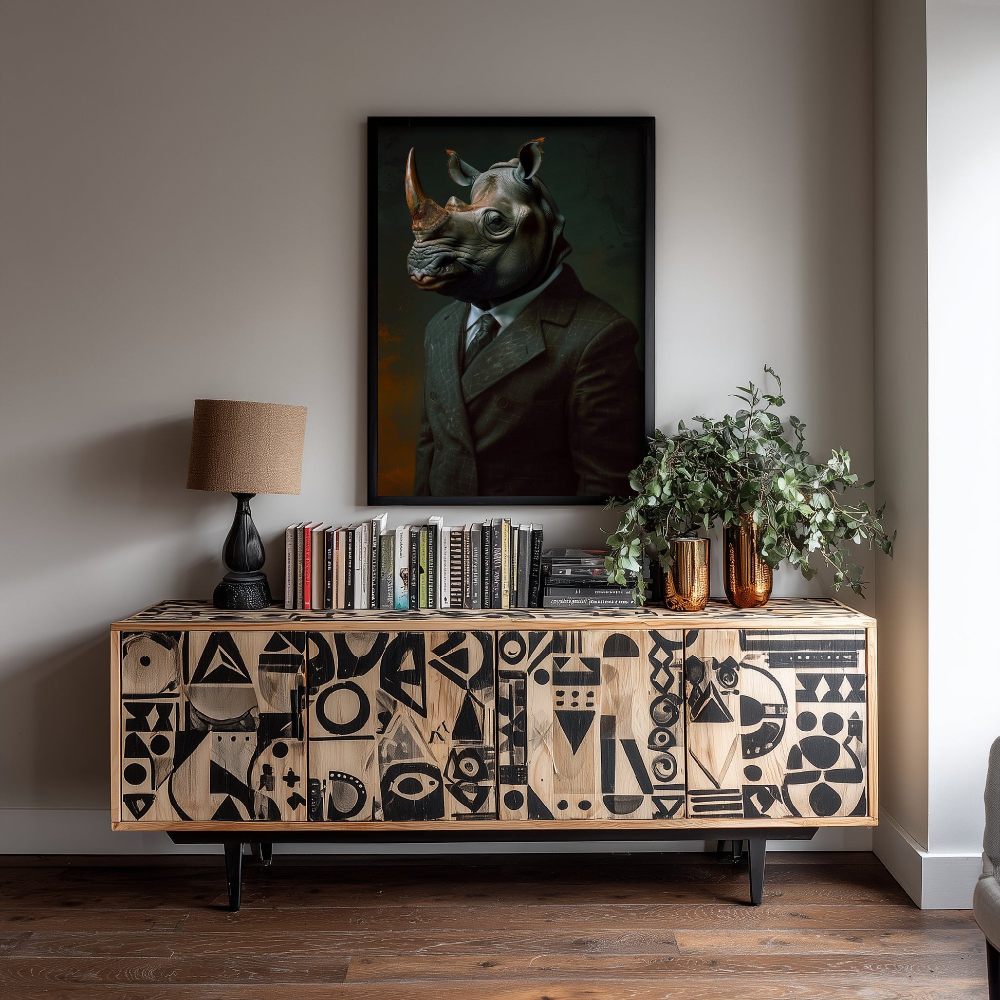 Rhino in a Suit Art Print - Whimsical Animal Portrait Poster - Quirky Animal Painting - Dapper Safari Animal V1 1/3